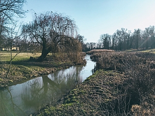 Krupský potok, ktorý preteká parkom kaštieľa v Dolnej Krupej (Slovensko)