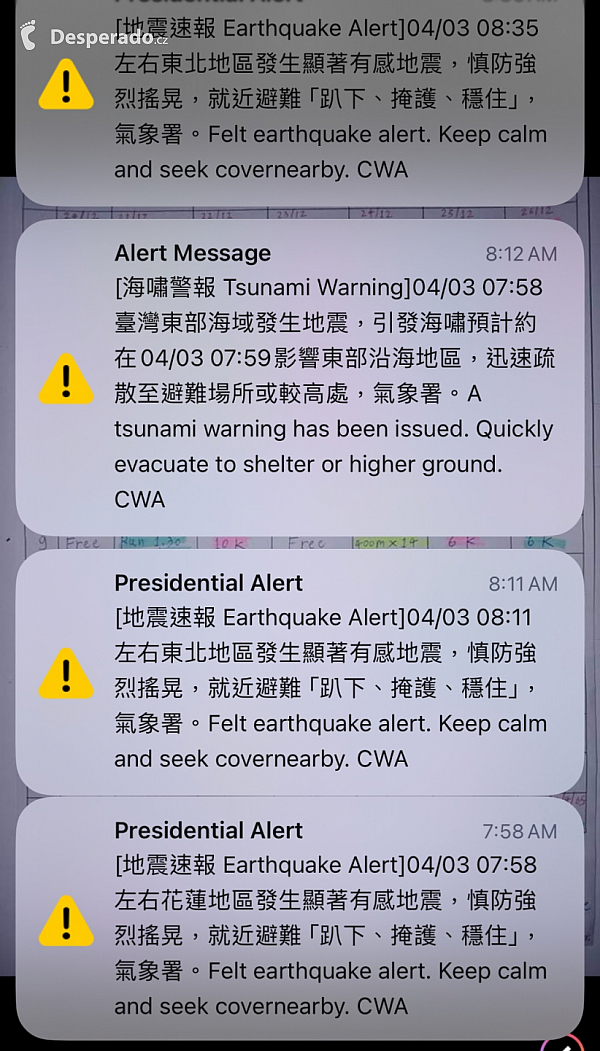 Pravidelné notifikace vlády při zemětřesení (Hualien - Taiwan)